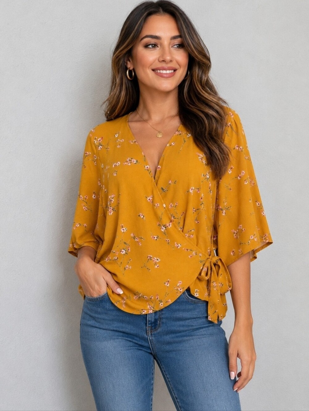 Express Mustard Floral Side-Tie Wrap Top Size L